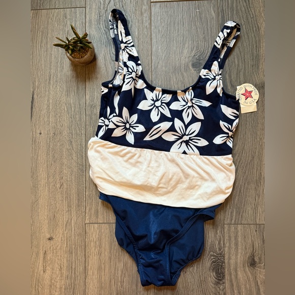 Women's vintage Swim Floral One-Piece Swimsuit Navy and White